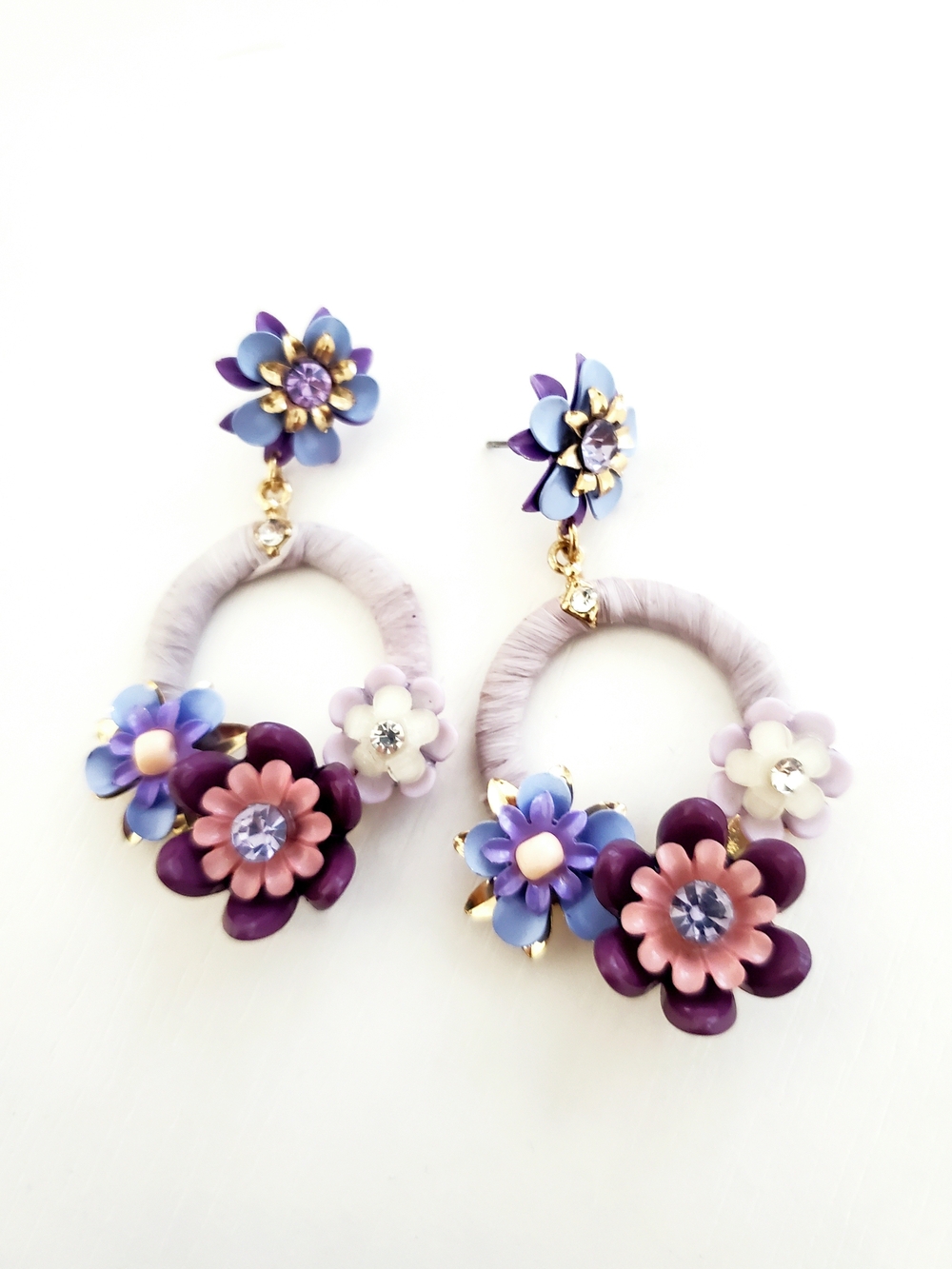 Floral Hoop Drop Earrings in Lavender, Purple and Pink